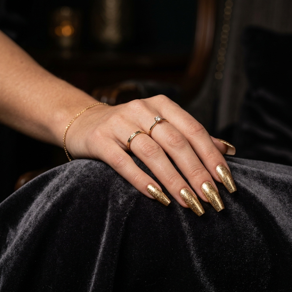 Close-up of manicured hands wearing Gilt Hour